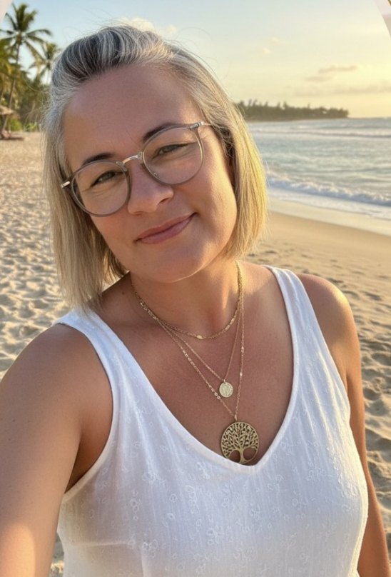 Estelle Robert sur une plage au coucher du soleil